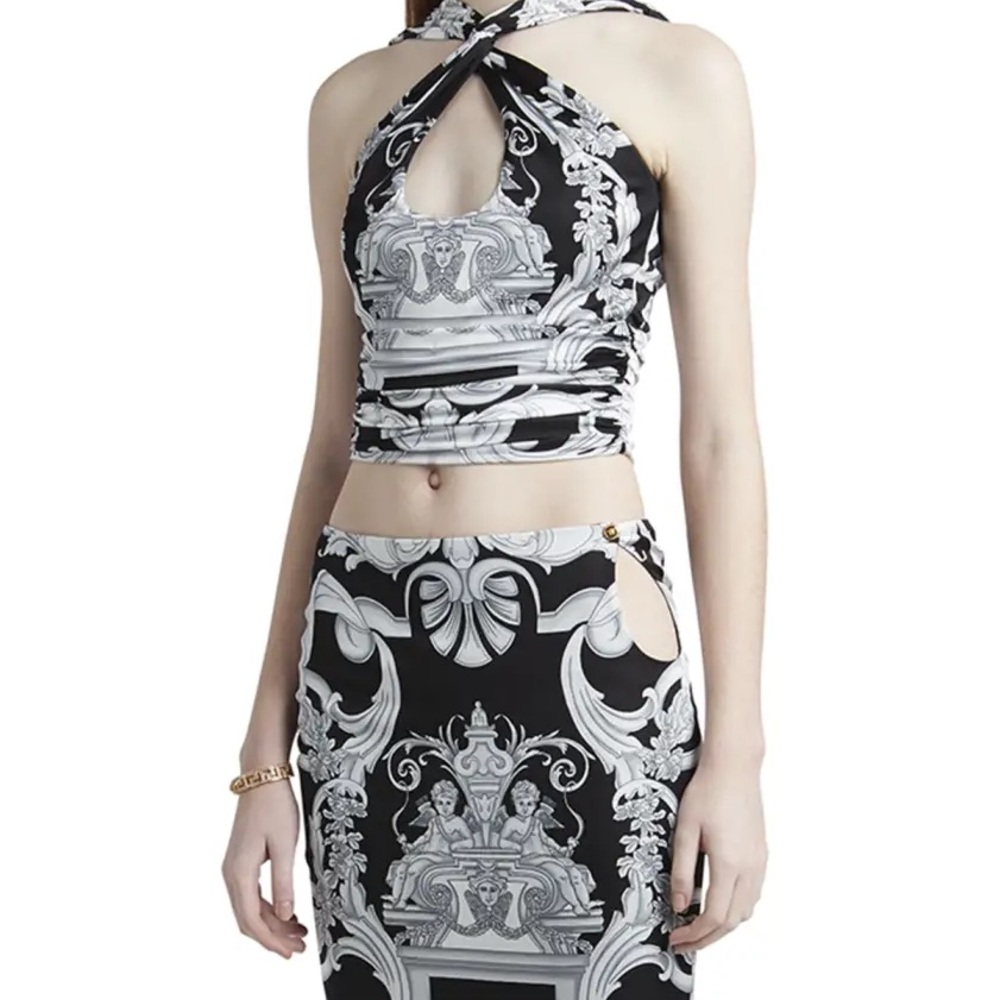 Versace Silver Baroque-Print Cutout Crop Top